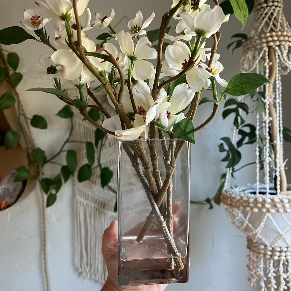 Faux Dogwood Flower Arrangement | White Silk Flowers in Glass Vase Home Decor
